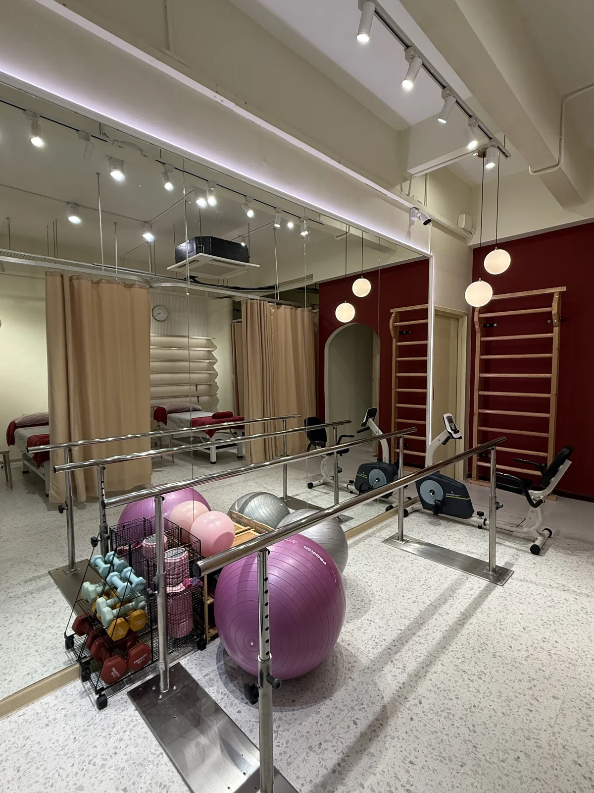 Rehabilitation gym with parallel bars, wall bars and exercise balls
