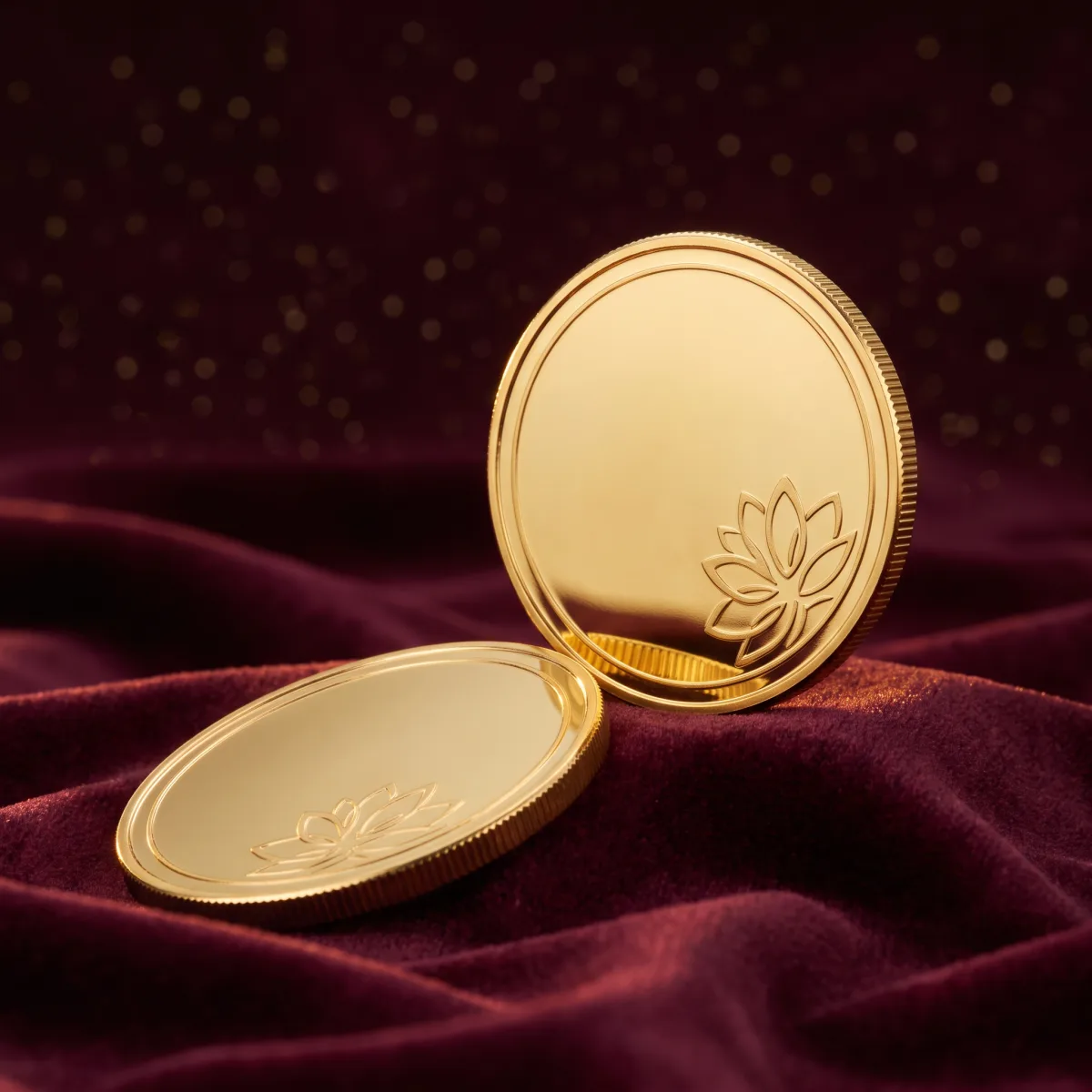 Gold coins on burgundy velvet, the lucky draw grand prize